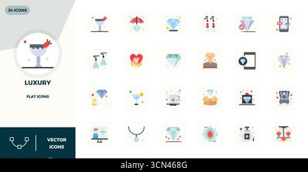 Handcrafted collection featuring 24 Flat vector icons for Luxury, optimized in 128x128 PIXEL perfect resolution for premium digital experiences. Stock Vector