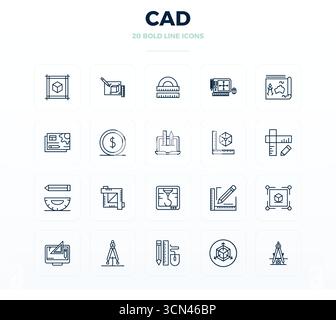Handcrafted collection featuring 20 Bold Outline vector icons for Cad, optimized in 128x128 PIXEL perfect resolution for premium digital experiences. Stock Vector