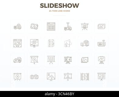 Meticulously crafted 24 Thin Line vector icons for Slideshow, delivered in 128x128 PIXEL perfect quality for uncompromising design standards. Stock Vector