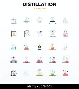 Perfectly balanced 25 Flat PIXEL perfect vector icons for Distillation, sized at 128x128 for harmonious integration in digital design projects. Stock Vector