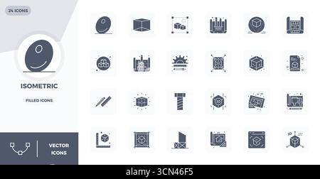 Professional-grade collection of 24 Glyph Filled vector icons representing Isometric, crafted with 128x128 PIXEL perfect precision for enterprise appl Stock Vector