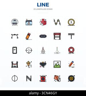 Artfully designed 25 Flat Line Filled PIXEL perfect vector icons for Line, delivered in 128x128 format for consistent visual excellence. Stock Vector