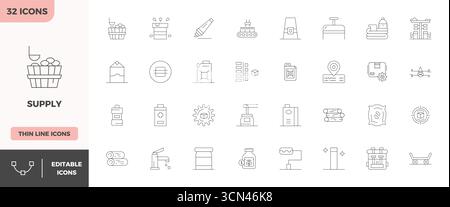 Revolutionary set of 32 PIXEL perfect vector icons inspired by Supply, created in Thin Outline format at 128x128 resolution for cutting-edge design. Stock Vector