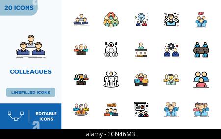Refined bundle featuring 20 Lineal Color Filled vector icons for Colleagues, optimized with 128x128 PIXEL perfect quality for elegant and functional d Stock Vector