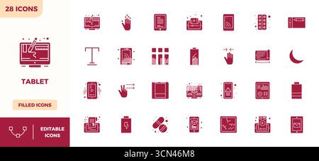 This Tablet vector icon pack includes 28 Glyph Filled designs in 128x128 PIXEL perfect format, perfect for enhancing digital interfaces. Stock Vector