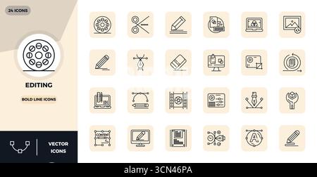 Ultimate collection of 24 vector icons representing Editing in Strong Line aesthetic, optimized with 128x128 PIXEL perfect resolution for maximum impa Stock Vector