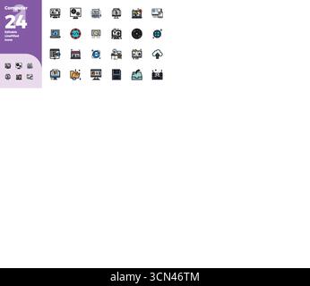 Premium collection of 24 Flat Line Filled vector icons for Computer, meticulously crafted in 128x128 PIXEL perfect resolution for superior visual impa Stock Vector