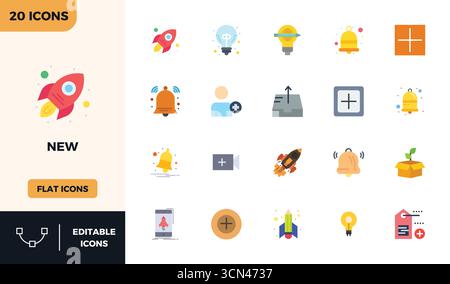 Distinctive pack of 20 PIXEL perfect vector icons inspired by New, crafted in Flat Colorful format at 128x128 for memorable brand experiences. Stock Vector