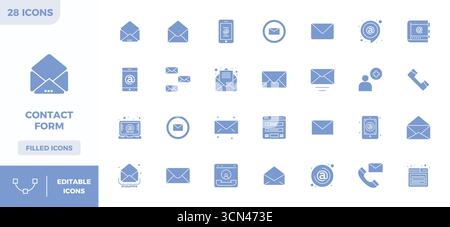Masterfully created 28 vector icons representing Contact Form in Glyph Filled design, featuring 128x128 PIXEL perfect resolution for exceptional visua Stock Vector