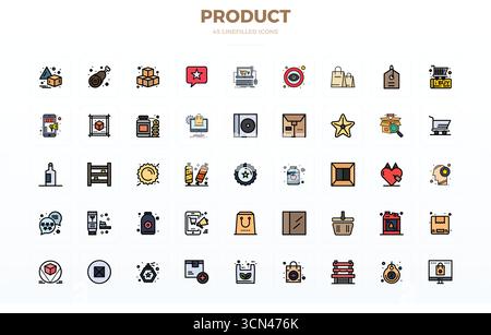 Masterfully created 45 vector icons representing Product in Flat Line Filled design, featuring 128x128 PIXEL perfect resolution for exceptional visual Stock Vector