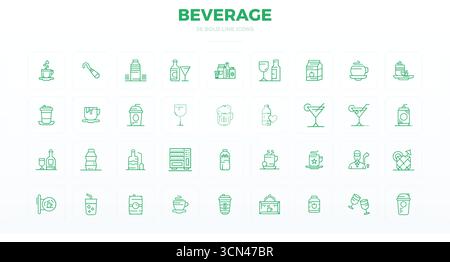 Handcrafted collection featuring 36 Bold Outline vector icons for Beverage, optimized in 128x128 PIXEL perfect resolution for premium digital experien Stock Vector