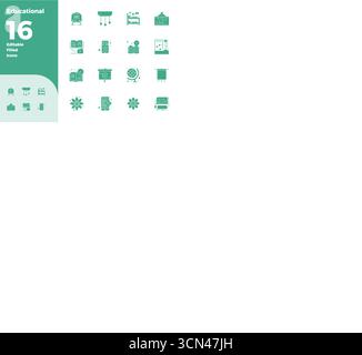 Professional-grade collection of 16 Filled vector icons representing Educational, crafted with 128x128 PIXEL perfect precision for enterprise applicat Stock Vector