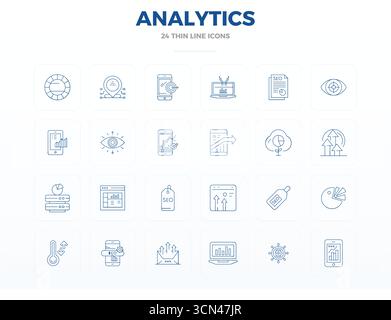 Collection of 24 Thin Line PIXEL perfect vector icons for Analytics, designed in 128x128 format for clarity and versatility. Stock Vector