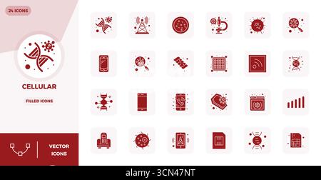 Professional-grade collection of 24 Glyph Filled vector icons representing Cellular, crafted with 128x128 PIXEL perfect precision for enterprise appli Stock Vector