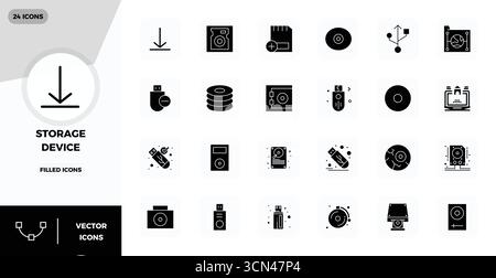 Explore 24 Glyph Filled PIXEL perfect vector icons in 128x128 resolution inspired by Storage Device. Perfect for web and app interfaces. Stock Vector
