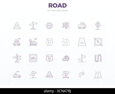 Innovative pack of 24 vector icons themed around Road, showcasing Thin Line design in 128x128 PIXEL perfect format for modern digital solutions. Stock Vector