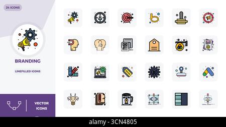 Meticulously crafted 24 Lineal Filled Flat vector icons for Branding, delivered in 128x128 PIXEL perfect quality for uncompromising design standards. Stock Vector