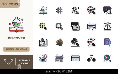 Unlock 20 Lineal Color Filled PIXEL perfect vector icons inspired by Discover, optimized in 128x128 format for flawless display across all devices. Stock Vector