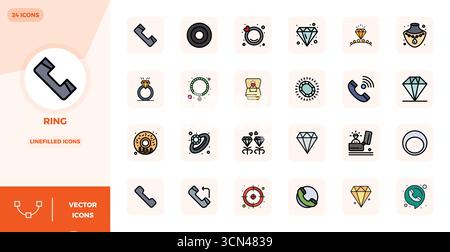 Masterfully created 24 vector icons representing Ring in Lineal Filled Flat design, featuring 128x128 PIXEL perfect resolution for exceptional visual Stock Vector