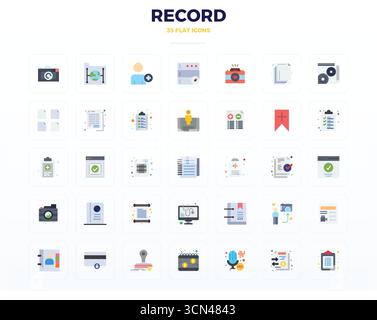 Refined bundle featuring 35 Flat vector icons for Record, optimized with 128x128 PIXEL perfect quality for elegant and functional design solutions. Stock Vector
