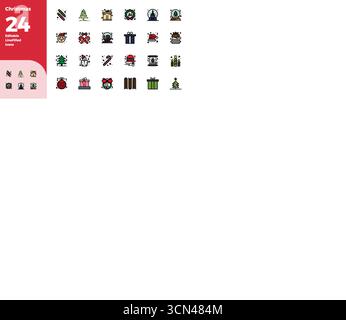Masterfully created 24 vector icons representing Christmas in Flat Line Filled design, featuring 128x128 PIXEL perfect resolution for exceptional visu Stock Vector