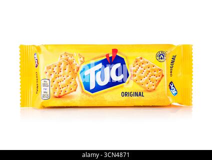 LONDON,UK - MAY 21, 2025 : Pack of original salted Tuc biscuit crackers on white. Stock Photo