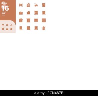 Contemporary collection of 16 vector icons representing Doors in Filled aesthetic, featuring 128x128 PIXEL perfect resolution for modern application d Stock Vector