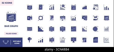 Collection of 32 Glyph Filled PIXEL perfect vector icons for Bar Graph, designed in 128x128 format for clarity and versatility. Stock Vector