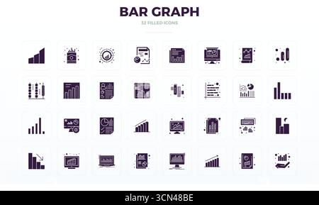 Exclusive collection of 32 Filled Glyph vector icons for Bar Graph, developed with 128x128 PIXEL perfect resolution for premium brand experiences. Stock Vector