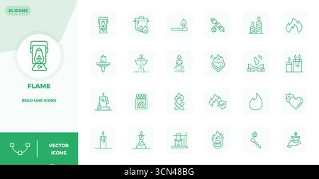 A versatile set of 24 Strong Line PIXEL perfect vector icons focused on Flame, delivered in crisp 128x128 format ideal for mobile and web applications Stock Vector