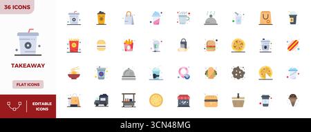 Complete package of 36 vector icons themed around Takeaway, showcasing Flat Colorful design in 128x128 PIXEL perfect quality for modern interfaces. Stock Vector