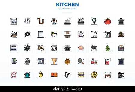 Revolutionary set of 45 PIXEL perfect vector icons inspired by Kitchen, created in Flat Line Filled format at 128x128 resolution for cutting-edge desi Stock Vector