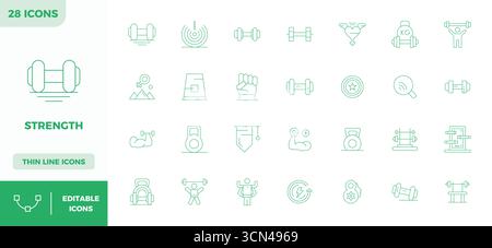 Masterfully created 28 vector icons representing Strength in Thin Outline design, featuring 128x128 PIXEL perfect resolution for exceptional visual qu Stock Vector