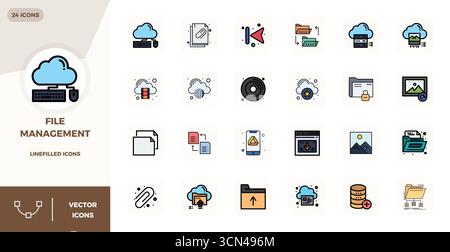 Unlock 24 Lineal Filled Flat PIXEL perfect vector icons inspired by File Management, optimized in 128x128 format for flawless display across all devic Stock Vector