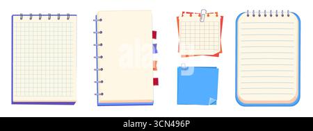 Notes sheet, pages. bulletin paper, lined list set, notebook office or school blank notebook for homework and exercises. Sticky stickers reminders, notebook clippings, stationery, planner, . Vector illustration Stock Vector