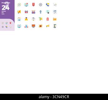 Masterfully created 24 vector icons representing Promotion in Flat Color design, featuring 128x128 PIXEL perfect resolution for exceptional visual qua Stock Vector