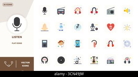 Collection of 24 Flat PIXEL perfect vector icons for Listen, designed in 128x128 format for clarity and versatility. Stock Vector