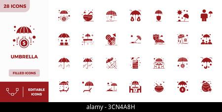 Premium collection of 28 Glyph Filled vector icons for Umbrella, meticulously crafted in 128x128 PIXEL perfect resolution for superior visual impact. Stock Vector