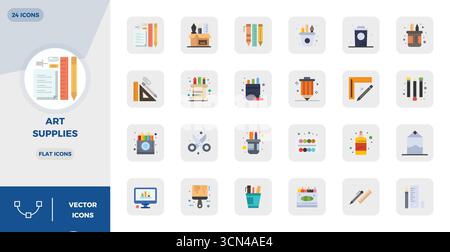 Set of 24 Flat PIXEL perfect vector icons themed around Art Supplies, crafted in 128x128 resolution for seamless integration in apps and websites. Stock Vector