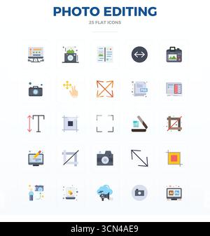 Set of 25 Flat PIXEL perfect vector icons themed around Photo Editing, crafted in 128x128 resolution for seamless integration in apps and websites. Stock Vector