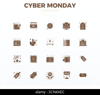 Complete package of 20 vector icons themed around Cyber Monday, showcasing Filled Glyph design in 128x128 PIXEL perfect quality for modern interfaces. Stock Vector