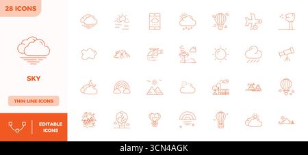 Masterfully created 28 vector icons representing Sky in Thin Outline design, featuring 128x128 PIXEL perfect resolution for exceptional visual quality Stock Vector