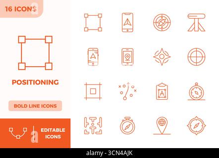 Complete package of 16 vector icons themed around Positioning, showcasing Bold Line design in 128x128 PIXEL perfect quality for modern interfaces. Stock Vector