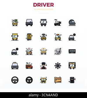 Refined bundle featuring 25 Flat Line Filled vector icons for Driver, optimized with 128x128 PIXEL perfect quality for elegant and functional design s Stock Vector