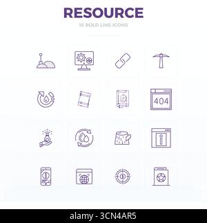 Discover a set of 16 Bold Outline vector icons crafted for the Resource theme, featuring 128x128 PIXEL perfect designs ideal for modern UI/UX projects Stock Vector