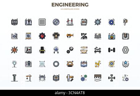 Artfully designed 45 Flat Line Filled PIXEL perfect vector icons for Engineering, delivered in 128x128 format for consistent visual excellence. Stock Vector