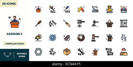 Strategic bundle featuring 28 vector icons representing Assembly in Lineal Color Filled format, optimized with 128x128 PIXEL perfect quality for profe Stock Vector