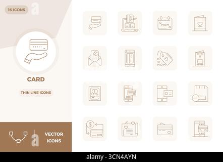 Industry-leading pack of 16 Slim Line PIXEL perfect vector icons for Card, sized at 128x128 for optimal rendering and user interface excellence. Stock Vector