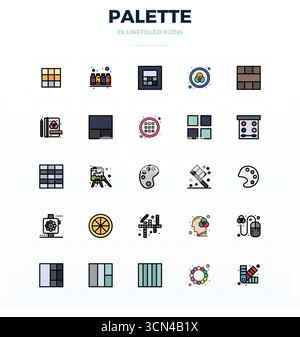 Exceptional collection of 25 Flat Line Filled vector icons for Palette, delivered in 128x128 PIXEL perfect resolution for unparalleled visual excellen Stock Vector