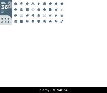 Refined bundle featuring 36 Black Filled vector icons for Cloud Storage, optimized with 128x128 PIXEL perfect quality for elegant and functional desig Stock Vector